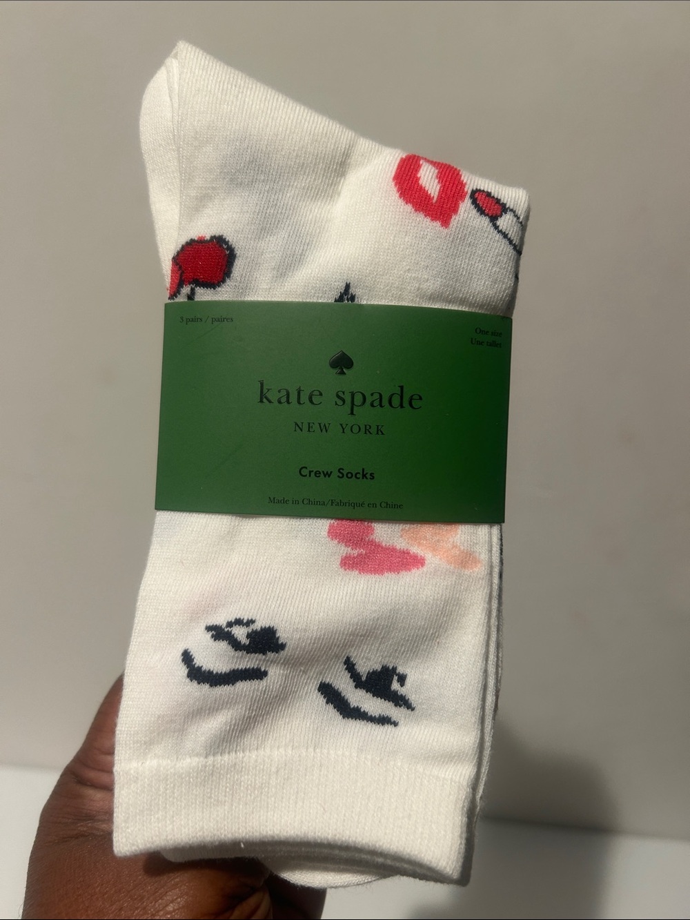 kate spade White Crew Socks with Floral & Lip Motifs